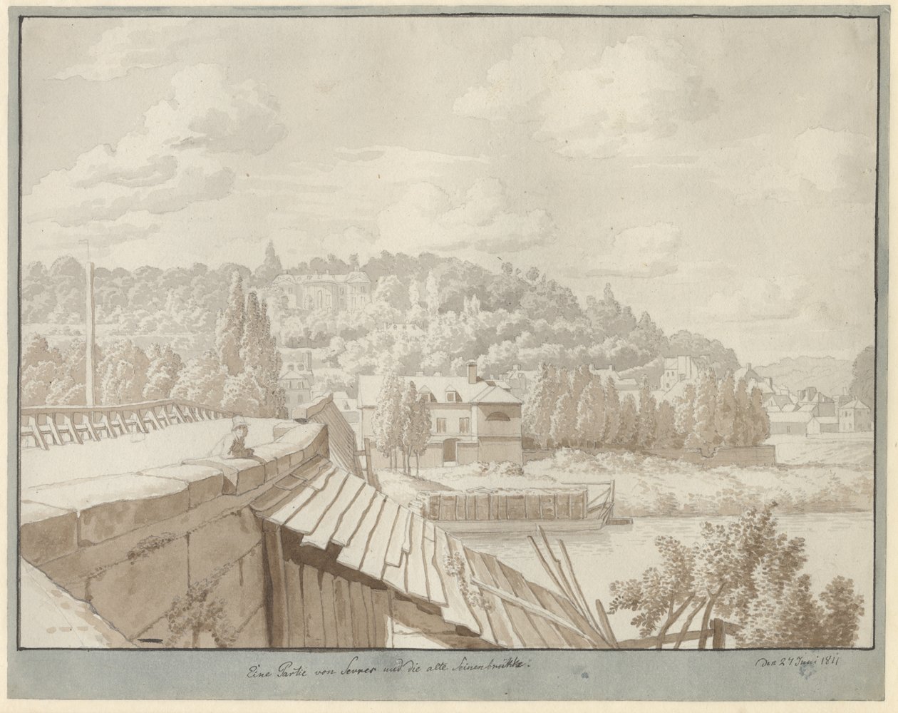 Näkymä Sevresistä vanhalle Seinen sillalle ja taustalla Saint Cloudin puisto tekijältä Christoffer Wilhelm Eckersberg