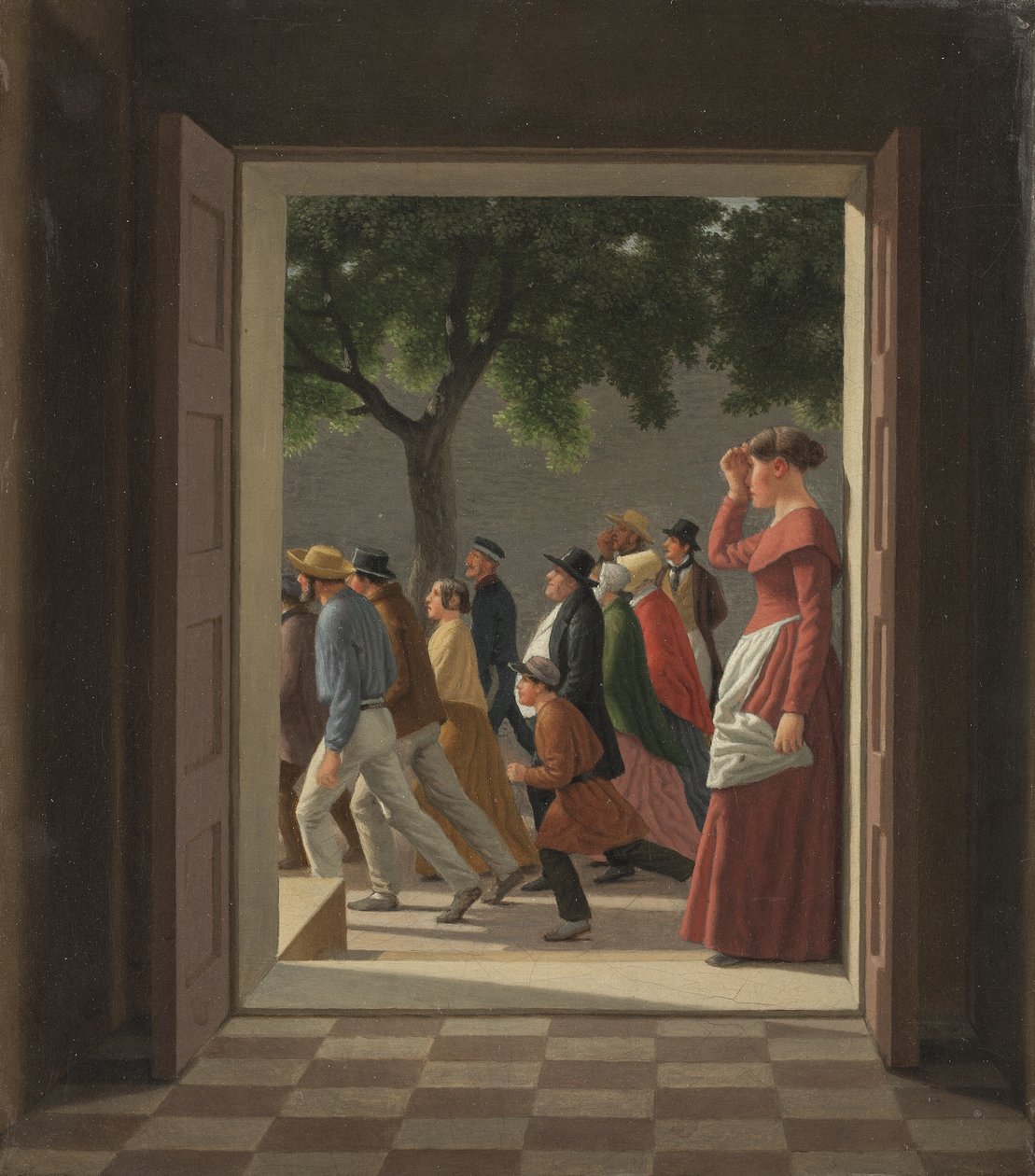 Näkymä ovesta juokseviin hahmoihin tekijältä Christoffer Wilhelm Eckersberg