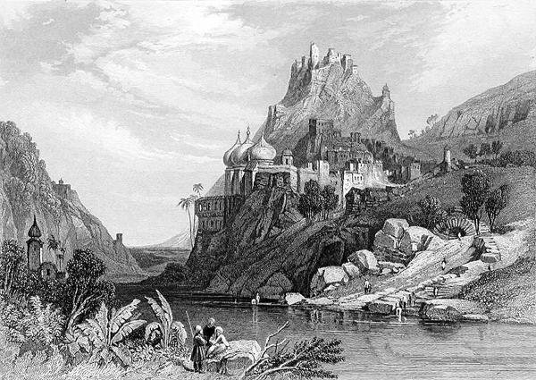 Ettaian rauniot, joiden sanotaan johtuvan Krishnan ja Kalin välisestä taistelusta, kaiverrus E. Finden, julkaisusta "World Religion", julkaisija A. Fullarton & Co. (kaiverrus) tekijältä C. (after) Stanfield