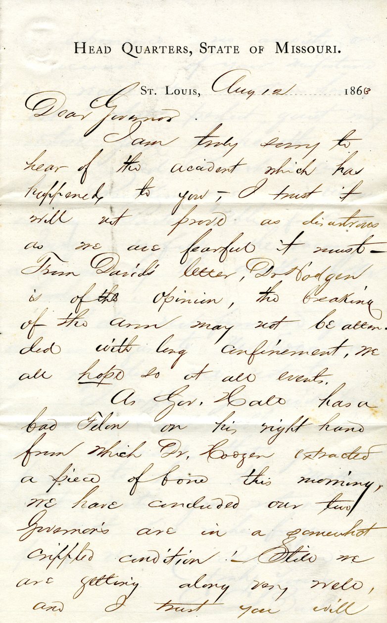 Kirje allekirjoitettu C.C. Bailey, Head Quarters, Missourin osavaltio, St.Louis, kuvernöörille [Hamilton R.Gamble], 12. elokuuta 1863 tekijältä C. C. Bailey
