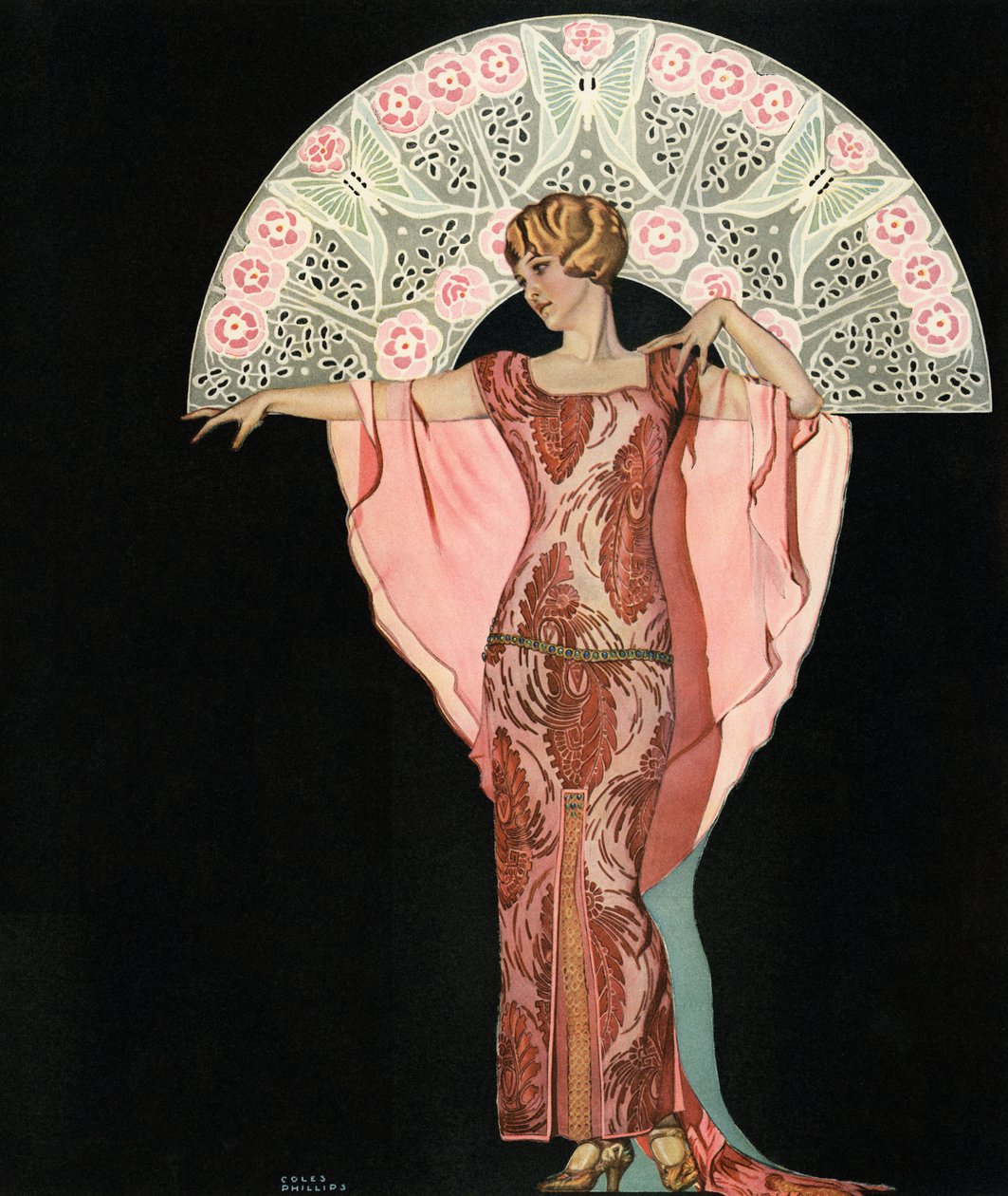 Coles Phillipsin Art Deco -kauneus tuulettimen kanssa tekijältä C. Coles Phillips