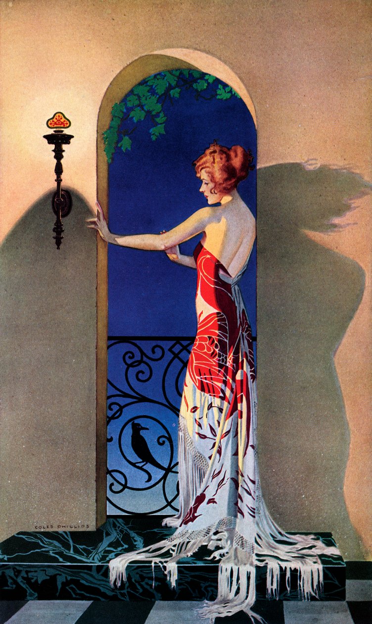 Muodikas 1920-luvun nainen Espanjassa, n. 1925 (silkkipainatus) tekijältä C. Coles Phillips