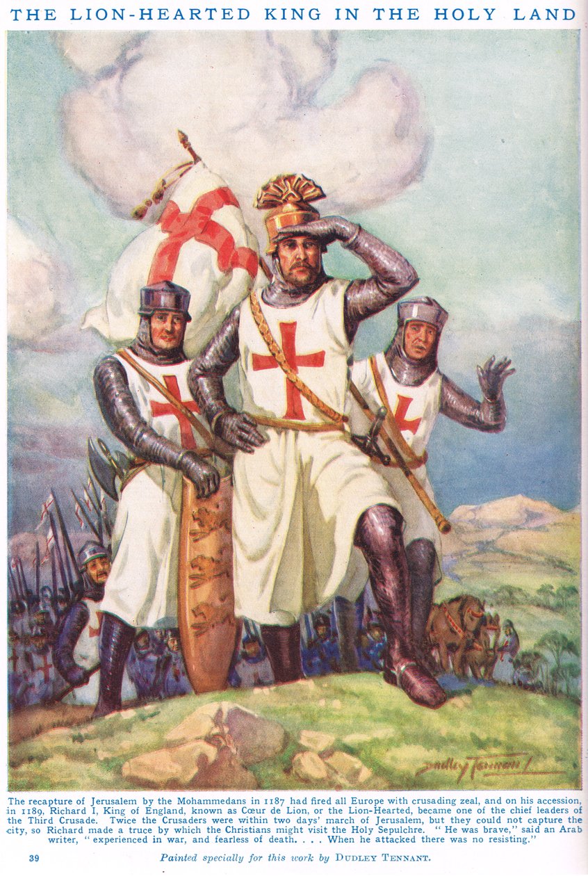 Muotokuva Richard I:stä, leijonasydämisestä kuninkaasta Pyhässä maassa, "Newnesin kuvakirjasta tiedon" (värilitho) tekijältä C. Dudley (after) Tennant