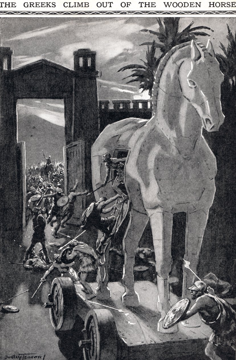 Kreikkalaiset kiipeävät puuhevosesta, kuvitus "Newnesin kuvakirjasta" (litho) tekijältä C. Dudley (after) Tennant