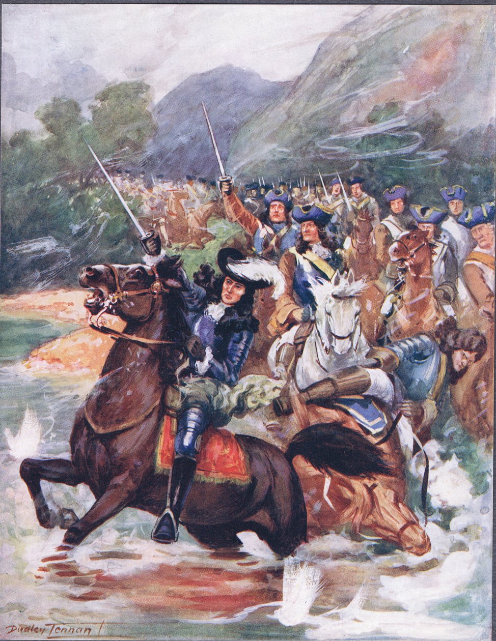Siunaa kunniakas muisto..., kuvitus julkaisusta "Balladit kuuluisista taisteluista", n. 1900 (värilitho) tekijältä C. Dudley Tennant