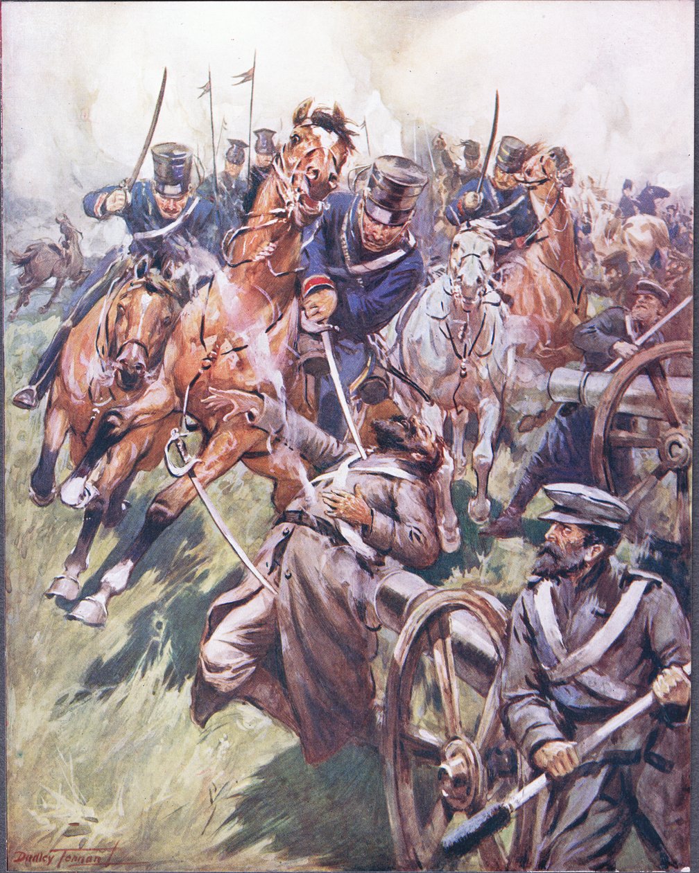 Kasakka ja venäläinen kelattu sapelin iskusta, kuvitus teoksesta "Balladit kuuluisista taisteluista", n. 1900 (värilitho) tekijältä C. Dudley Tennant