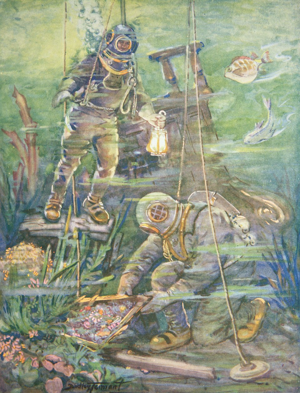 Syvänmeren sukeltajat löytävät uponneen aarteen, n. 1890-luku (väri litho) tekijältä C. Dudley Tennant