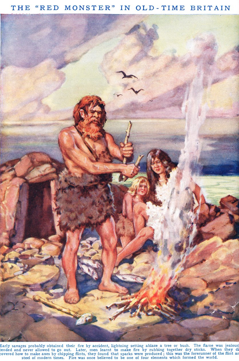 Tuli: "Punainen hirviö" vanhan ajan Britanniassa, kuvitus "Newnesin kuvakirjasta" (väri litho) tekijältä C. Dudley Tennant