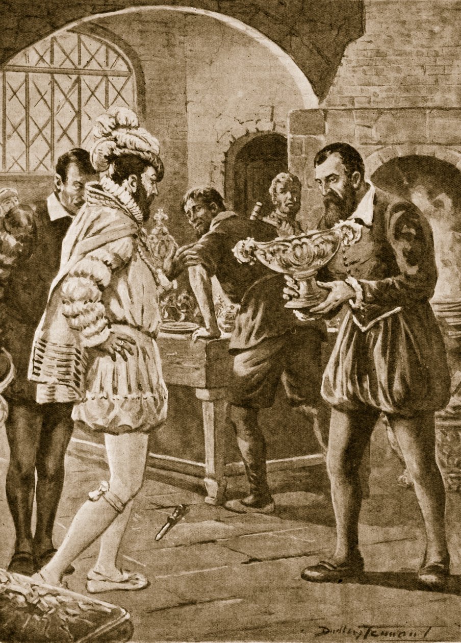 Francis I vierailee Benvenuto Cellinin työpajassa (litho) tekijältä C. Dudley Tennant