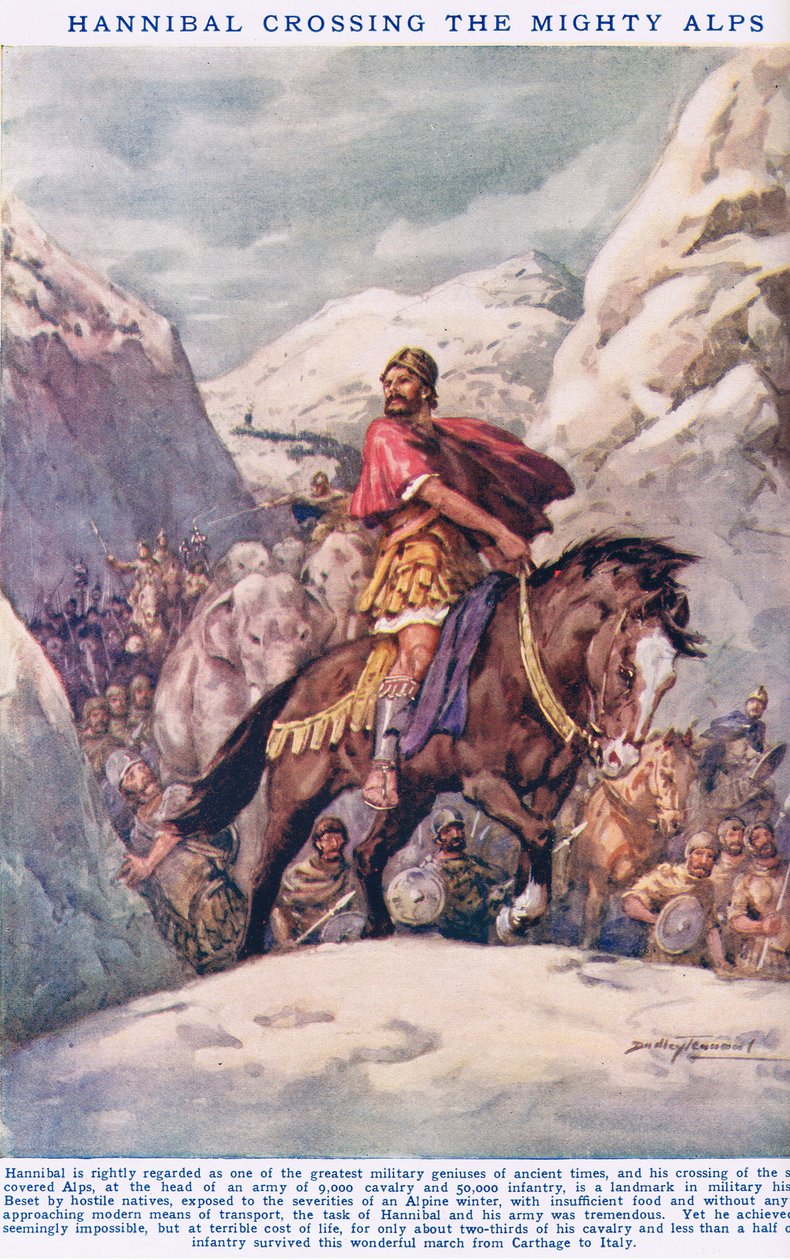 Hannibal ylittämässä mahtavat Alpit, kuvitus Newnesin kuvakirjasta Tiedon (värilitho) tekijältä C. Dudley Tennant