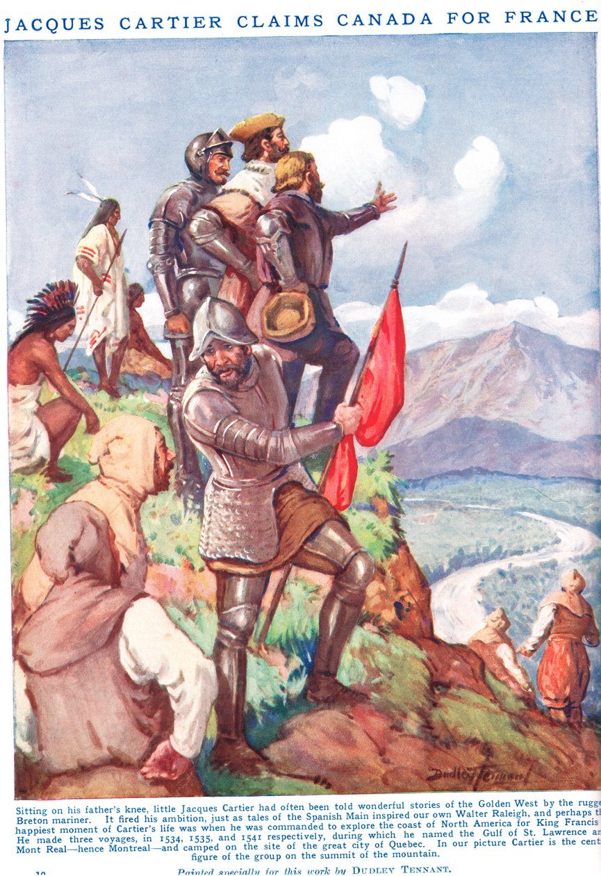 Jacques Cartier vaatii Kanadan Ranskalle, kuvitus Newnen kuvakirjasta tiedon (väri litho) tekijältä C. Dudley Tennant