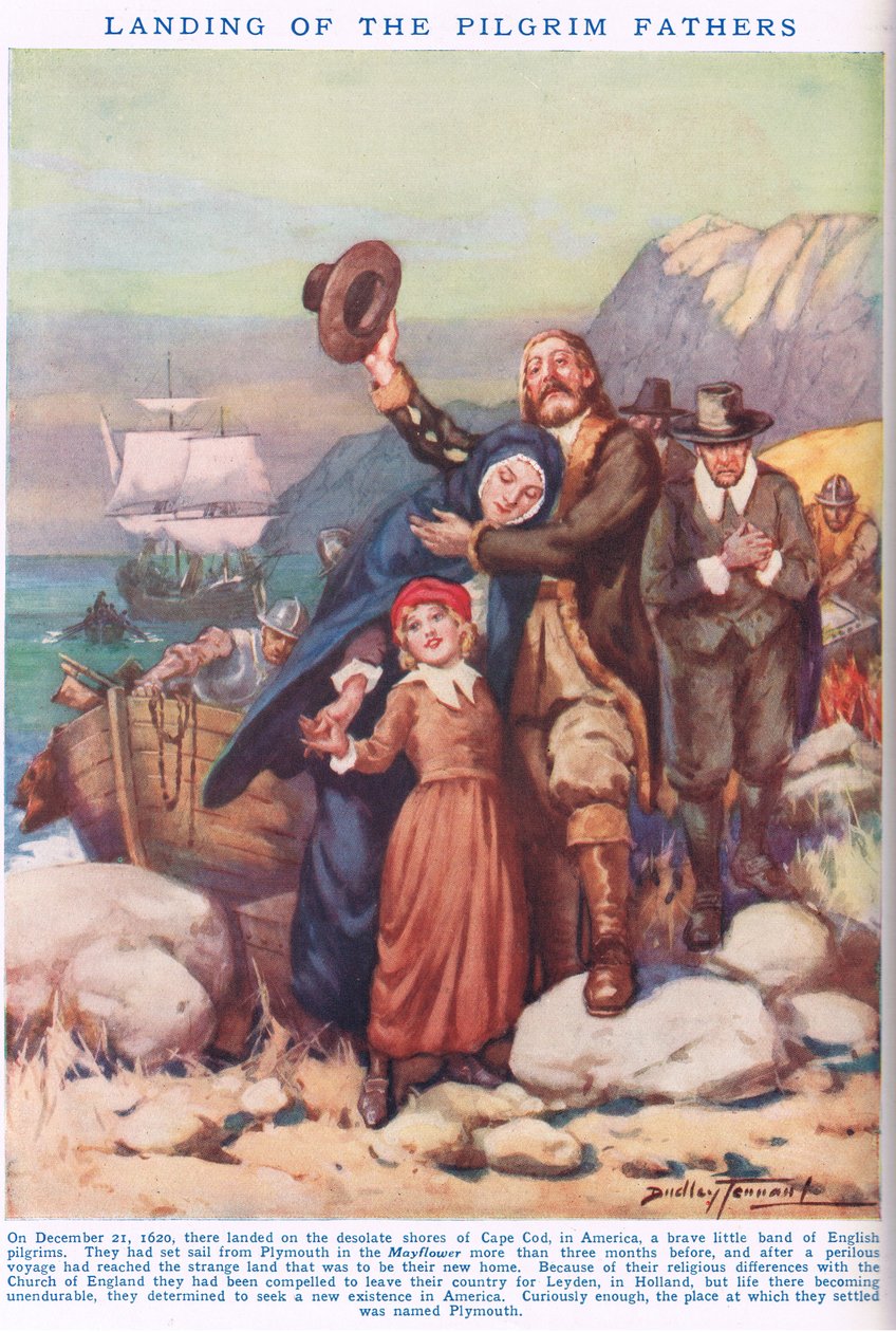 Pyhiinvaeltajien maihinnousu, kuvitus "Newnesin kuvakirjasta tiedon" (värilitho) tekijältä C. Dudley Tennant