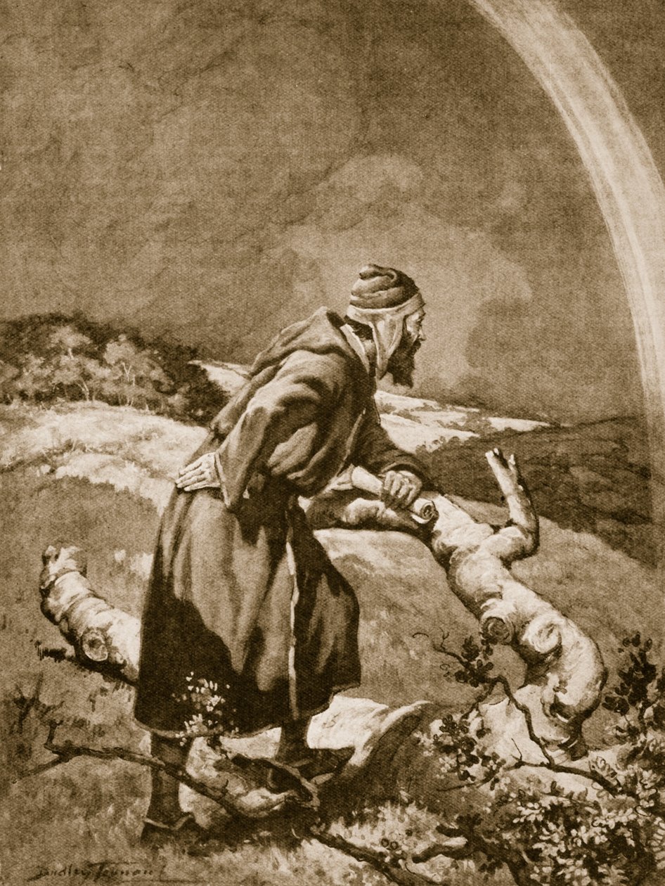 Roger Bacon tutkii sateenkaari (litho) tekijältä C. Dudley Tennant