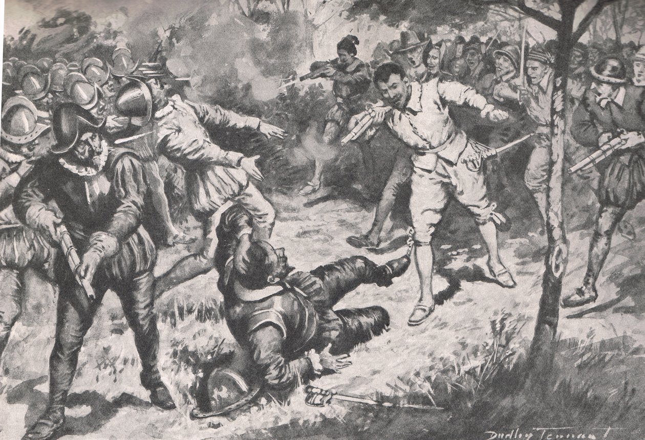 Amiraali, jota seurasi hänen puolueensa, juoksi päätä huipulle Vera Cruzin vartijalle, kuvitus teoksesta "British Battles on Land and Sea", julkaisija Cassell, Lontoo, n. 1910 (litho) tekijältä C. Dudley Tennant