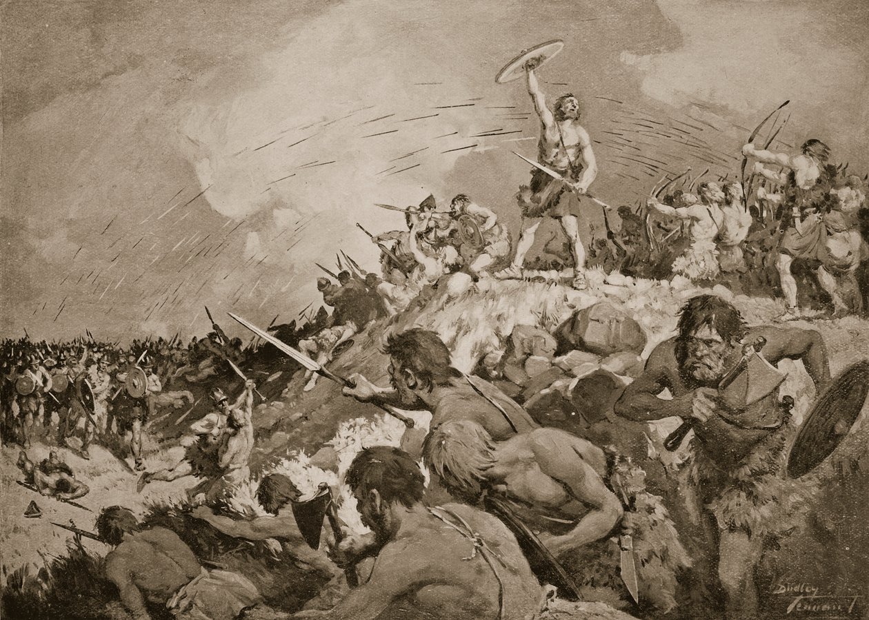 Mons Badonicuksen taistelu, noin 500 jKr, kuvitus teoksesta "Kansakunnan historia" (litho) tekijältä C. Dudley Tennant