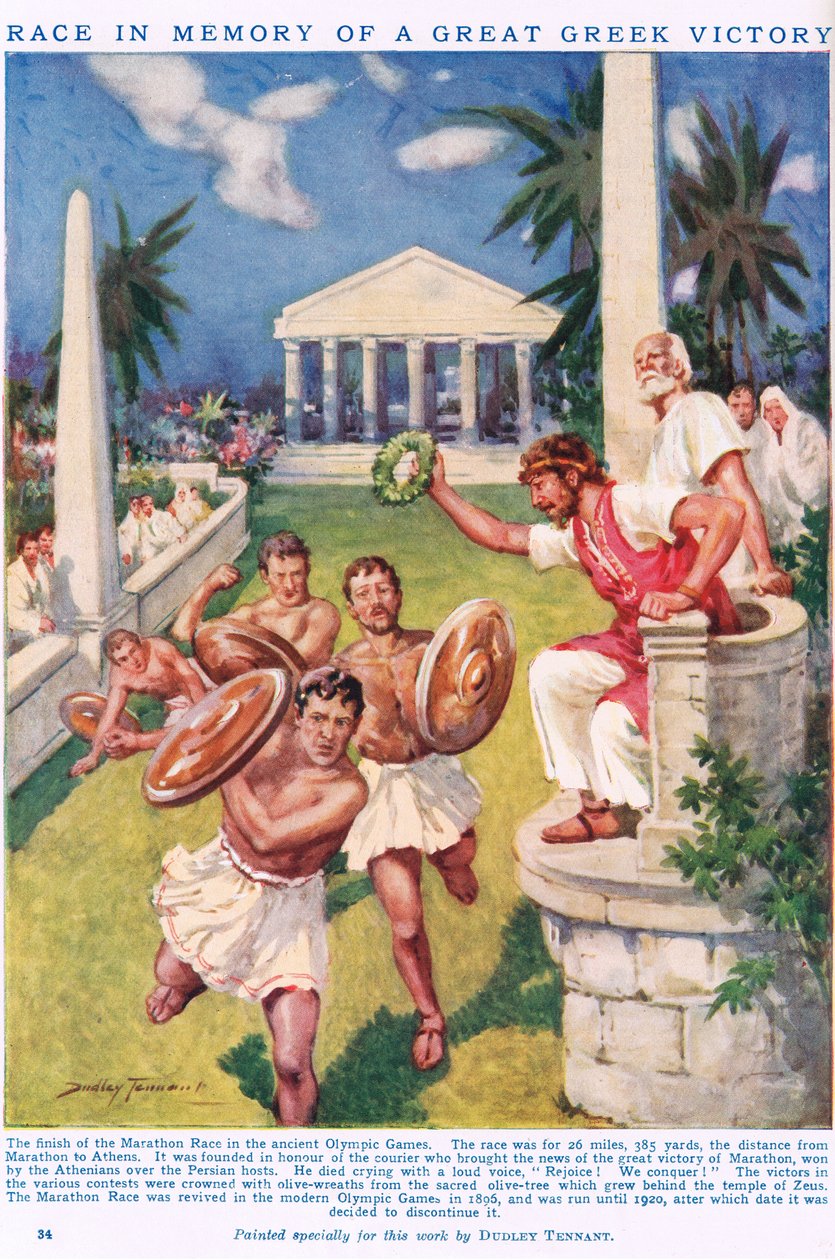 Marathon: Kisa suuren kreikkalaisen voiton muistoksi, kuvitus "Newnesin kuvakirjasta tiedon" (väri litho) tekijältä C. Dudley Tennant
