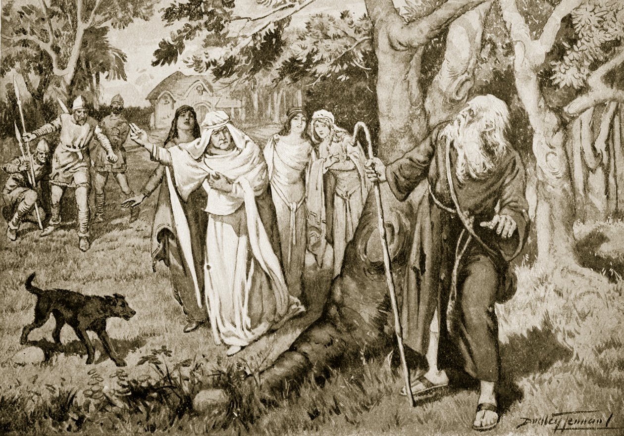 Kennethin ja Fenellan tapaaminen, 993, kuvitus "Hutchinsonin tarinasta brittiläisestä kansasta", n. 1920 (litho) tekijältä C. Dudley Tennant