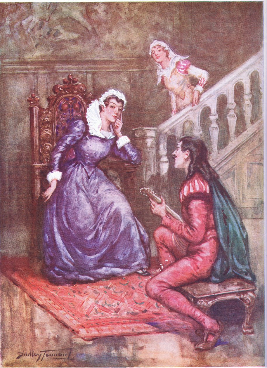 Muusikko, joka voitti kuningattaren suosion. Mary Queen of Scots ja David Rizzio (väri litho) tekijältä C. Dudley Tennant