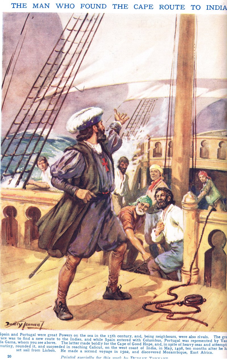 Vasco de Gama: Mies, joka löysi niemireitin Intiaan, kuvitus Newnesin kuvakirjasta Tiedon (väri litho) tekijältä C. Dudley Tennant