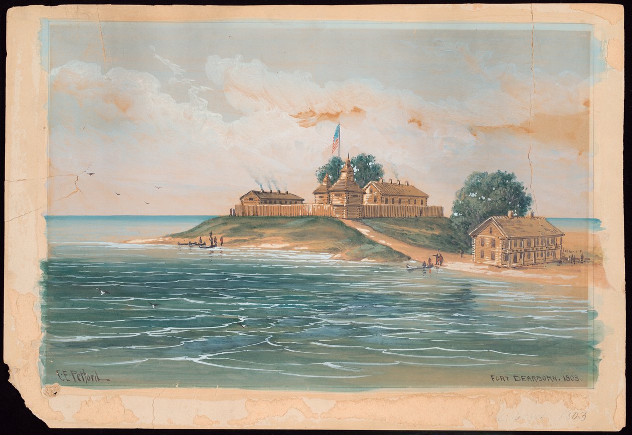 Fort Dearborn vuonna 1803 (akvarelli) tekijältä C. E. Petford