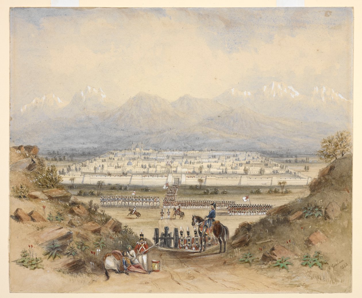 Kenraali, joka arvioi ratsuväkeä ja jalkaväkeä, jotka ovat saapumassa muurien ympäröimään kaupunkiin vuoristoisessa maassa, ehkä Kandaharissa (N.W.F.P.). 1843, aikaisemman luonnoksen jälkeen. tekijältä C. Graham