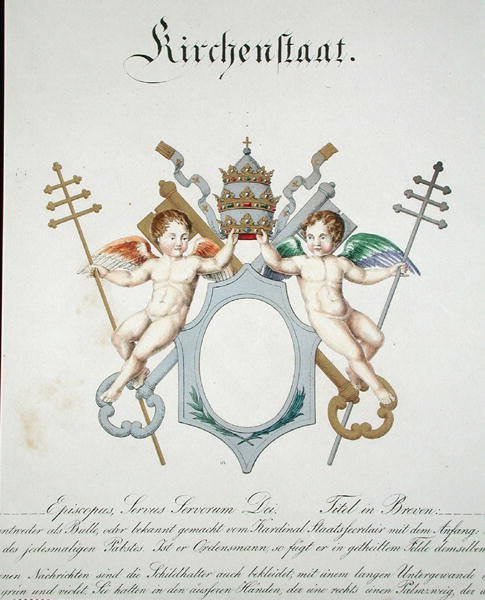 Vatikaanin kirkkovaltion käsivarret, Saksassa julkaistusta vesivärikokoelmasta, n. 1830-1833 (värilitho) tekijältä C. Hildebrandt