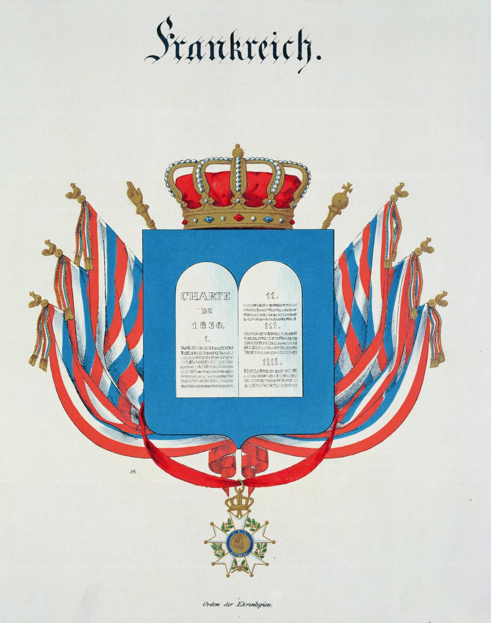 Ranskan kunniamerkkiritarikunnan peruskirja ja riipus, Saksassa 1830-33 julkaistusta akvarellikokoelmasta. tekijältä C. Hildebrandt