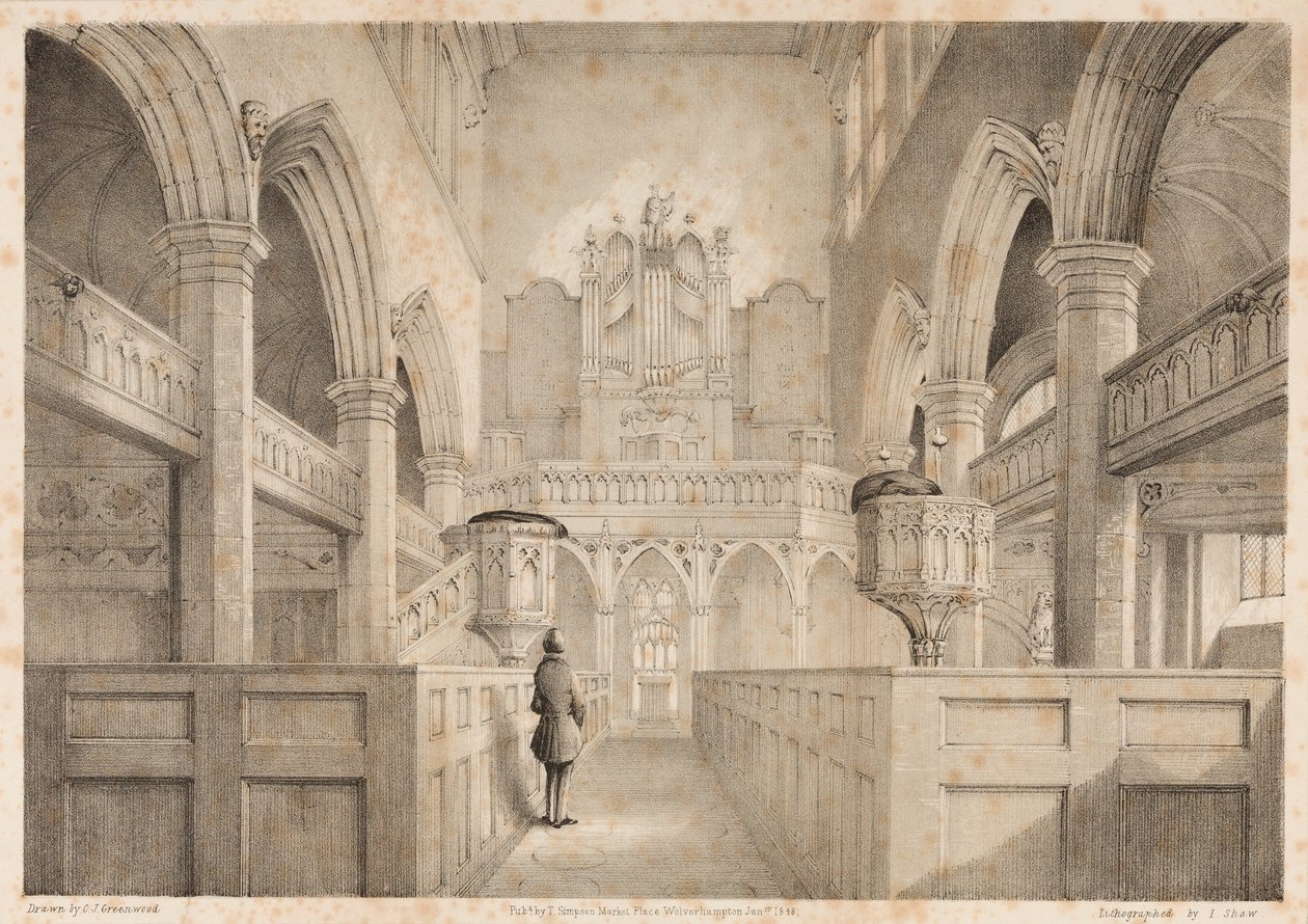The Interior of St. Peters, Wolverhampton, kaiverrus I. Shaw, 1848 tekijältä C. J. Greenwood
