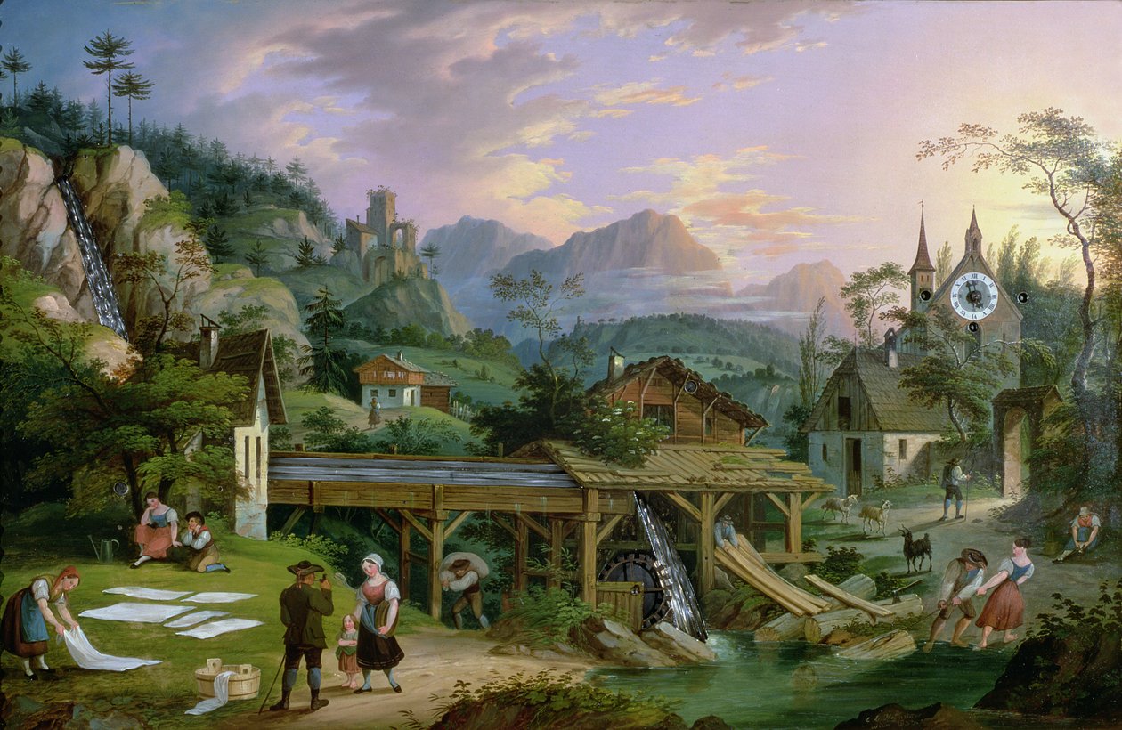 Kuva Kello kohtaus Alppien kylämaisemasta kellomekanismilla kirkon tornissa, 1833 (öljy rautalevyllä) tekijältä C. L. Hoffmeister