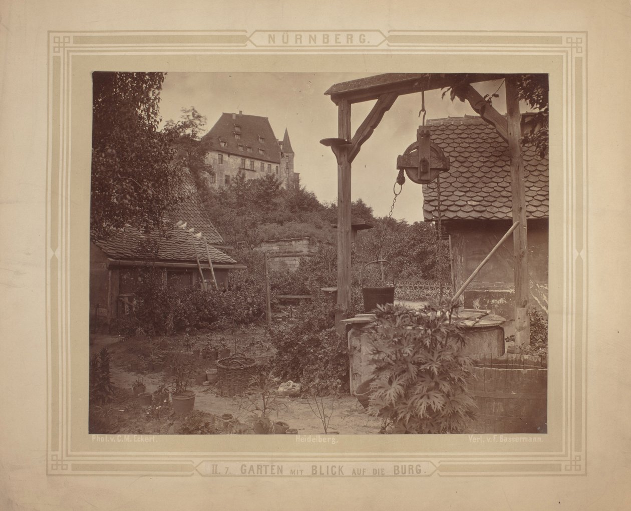 Heidelberg - Näkymä linnalle puutarhasta, n. 1870 (albumipainatus korttitelineessä) tekijältä C. M. Eckert