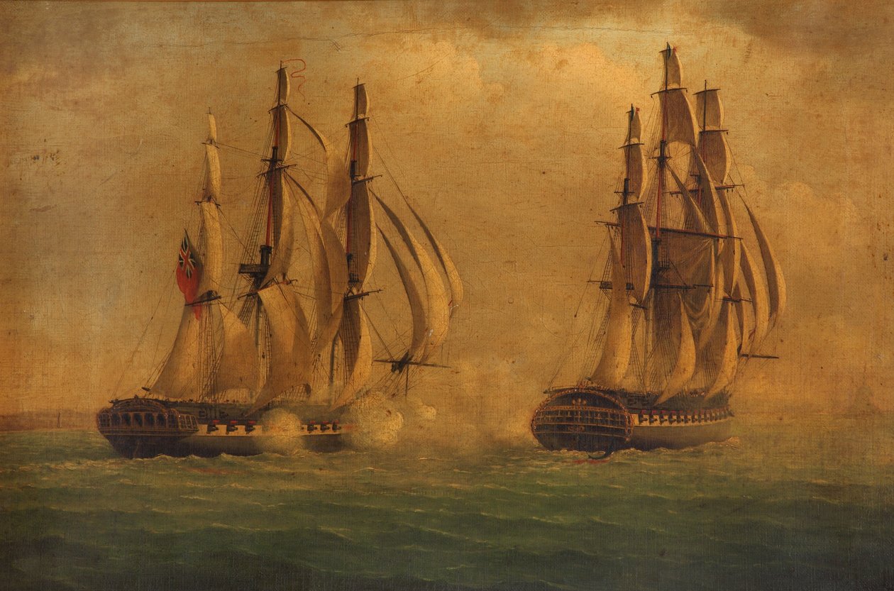 HMS "Crescentin" ja "Reunionin" välinen taistelu 20. lokakuuta 1793: alukset taistelevat (maalaus). tekijältä C. M. Jones