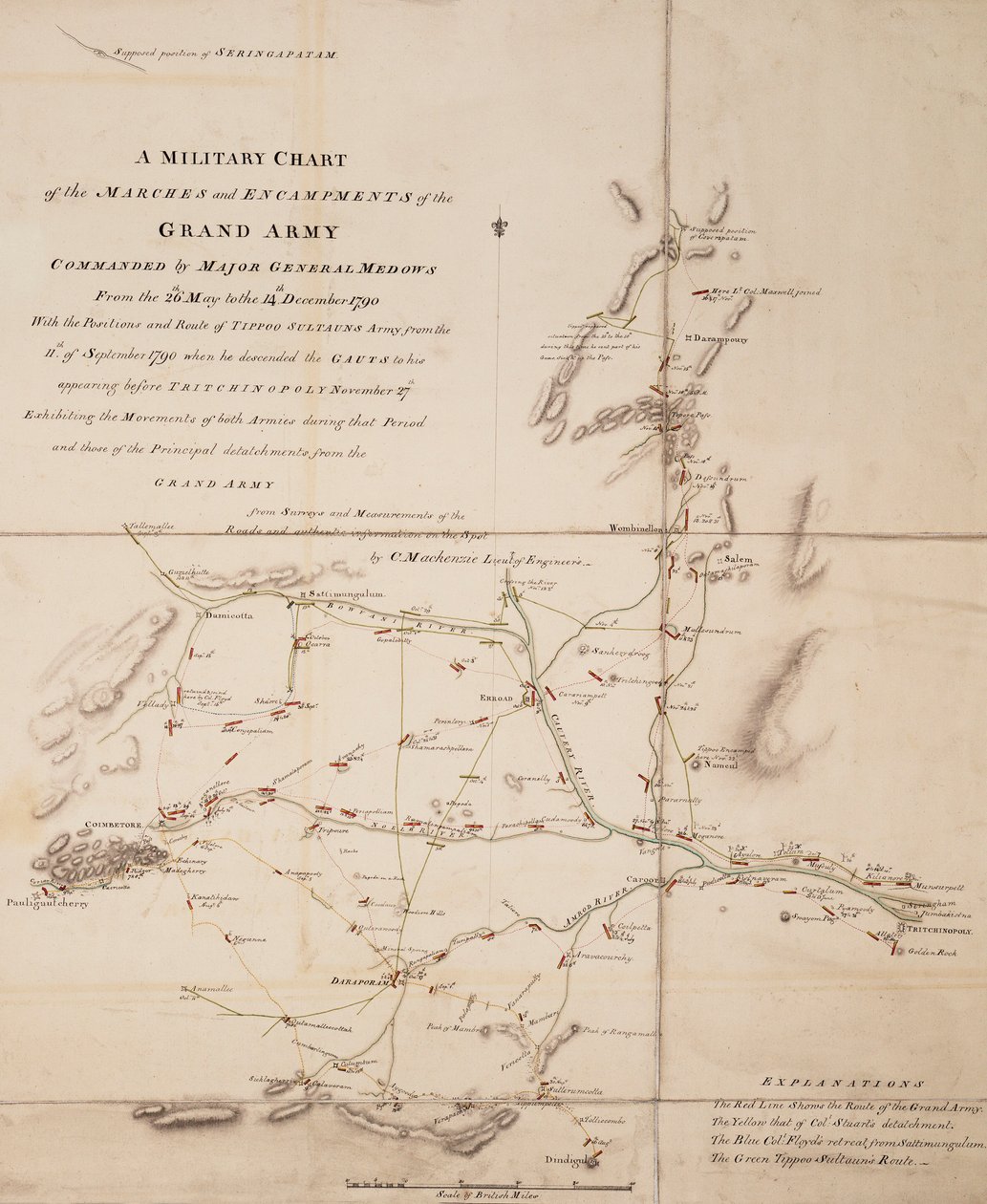 Sotilaskartta kenraalimajuri Medowsin komentaman suuren armeijan marsseista ja leireistä 26. toukokuuta ja 14. joulukuuta 1790 välisenä aikana. tekijältä C. Mackenzie