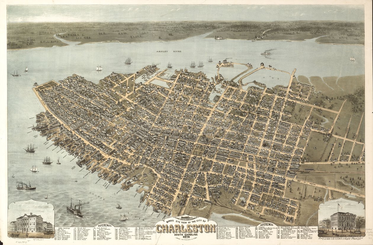 Lintuperspektiivistä Charlestonin kaupunki, Etelä-Carolina 1872. LOC 75696567 tekijältä C. N. Drie