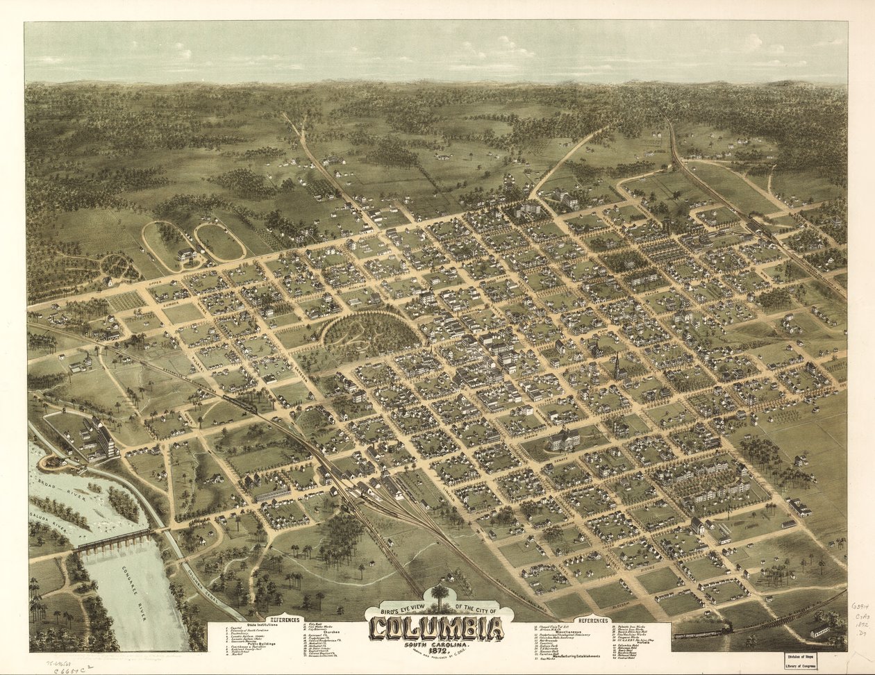 Lintuperspektiivistä Columbian kaupunkiin Etelä-Carolinassa 1872. tekijältä C. N. Drie