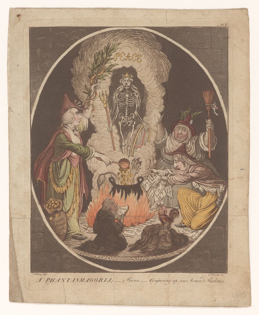 Sarjakuva Amiensin rauhasta, 1802 Fantasmagoria; - Kohtaus - Aseistetun luurangon loihtiminen (otsikko esineessä) tekijältä C. Starcke
