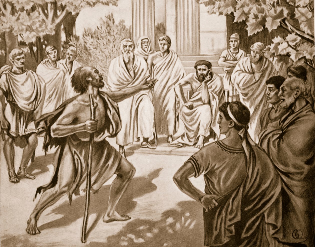 Diogenes ja Platon, kuvitus Hutchinsonin kansojen historiasta, 1915 tekijältä C. Titus