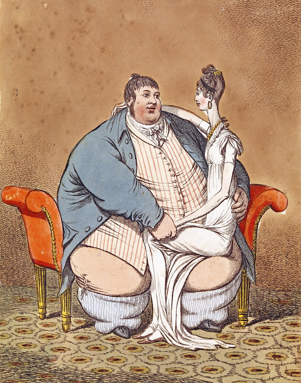 Lihava ja laiha - Daniel Lambert ja hänen polvellaan istuva laiha nainen vastakkain, 1806. tekijältä C. Williams