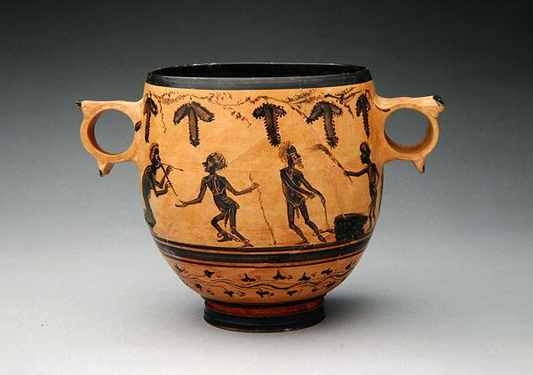 Skyphos parodiakohtauksilla, n. 430-410 eKr. (keraaminen) (katso myös 288251) tekijältä Cabirian
