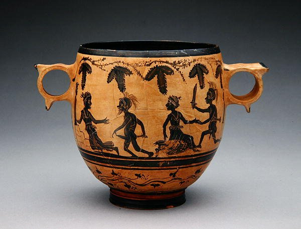 Skyphos parodiakohtauksilla, n. 430-410 eKr. (keraaminen) (katso myös 307555) tekijältä Cabirian