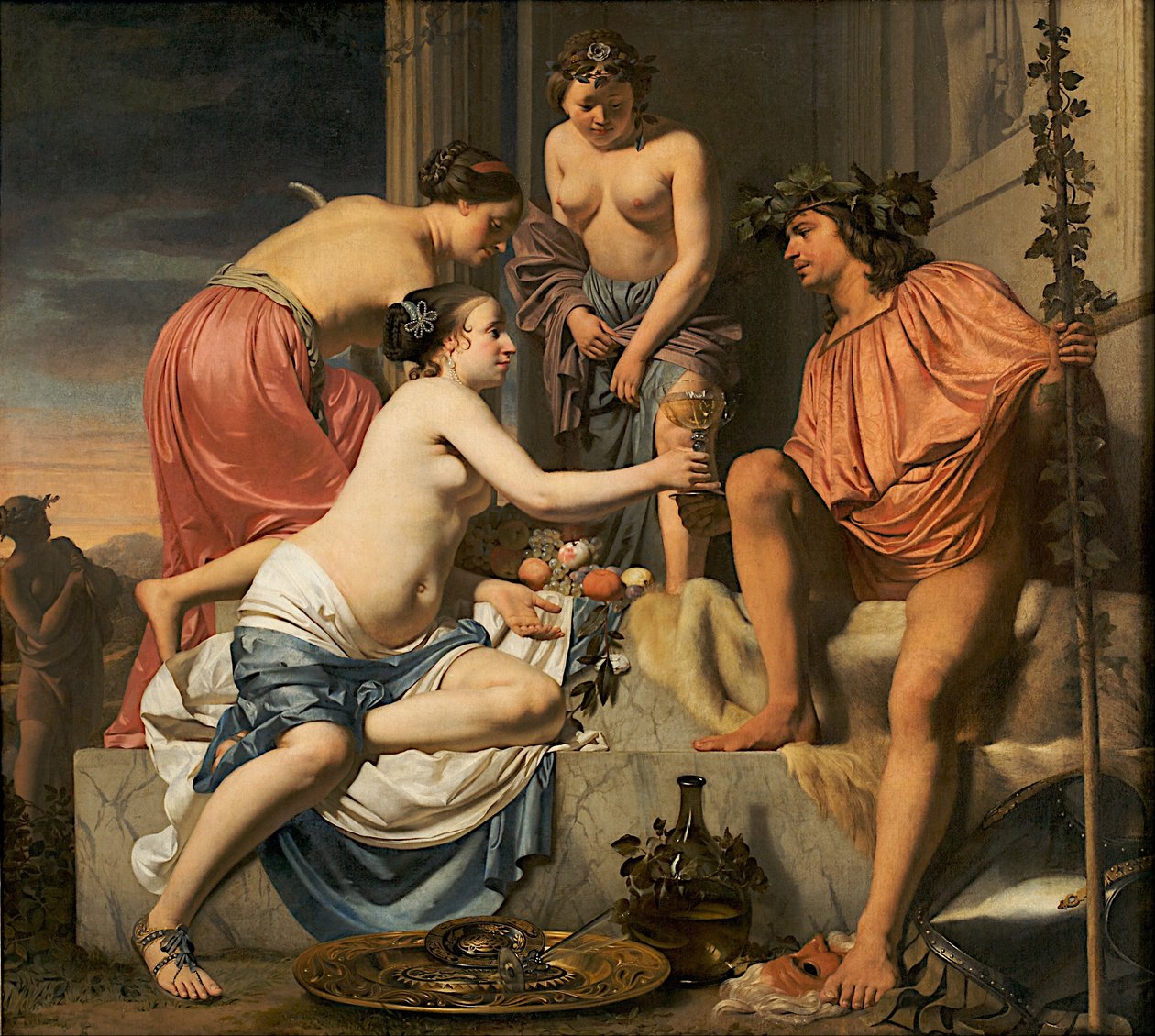 Bacchus valtaistuimella - nymfit tarjoavat Bacchusille viiniä ja hedelmiä tekijältä Caesar van Everdingen