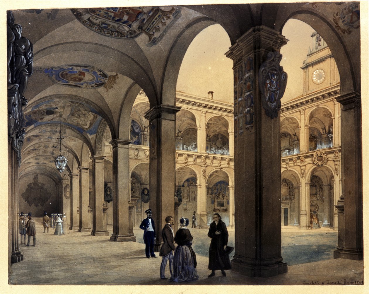 BOLOGNAn yliopisto : Arkkitehtuurisali "Alemmat arkadit". tekijältä Calisto & Tomaselli Contardo (1827 57) Zanotti Cavazzoni