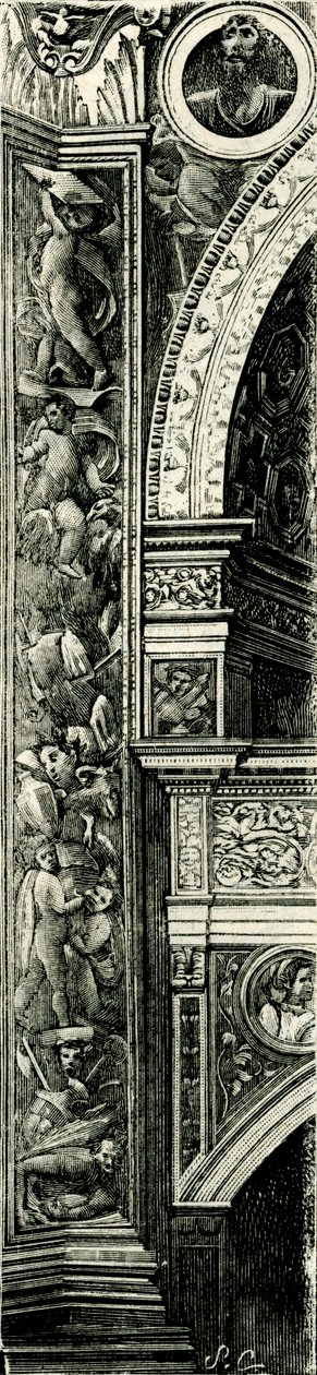 Callisto Piazzan (n. 1500-1561 tai 1562) koristeltu pilasterinauha, Tempio Civico della Beata Vergine Incoronata (kruunatun Neitsyt Marian temppeli), Lodi, Lombardia, Italia, puupiirros tekijältä Callisto Piazza