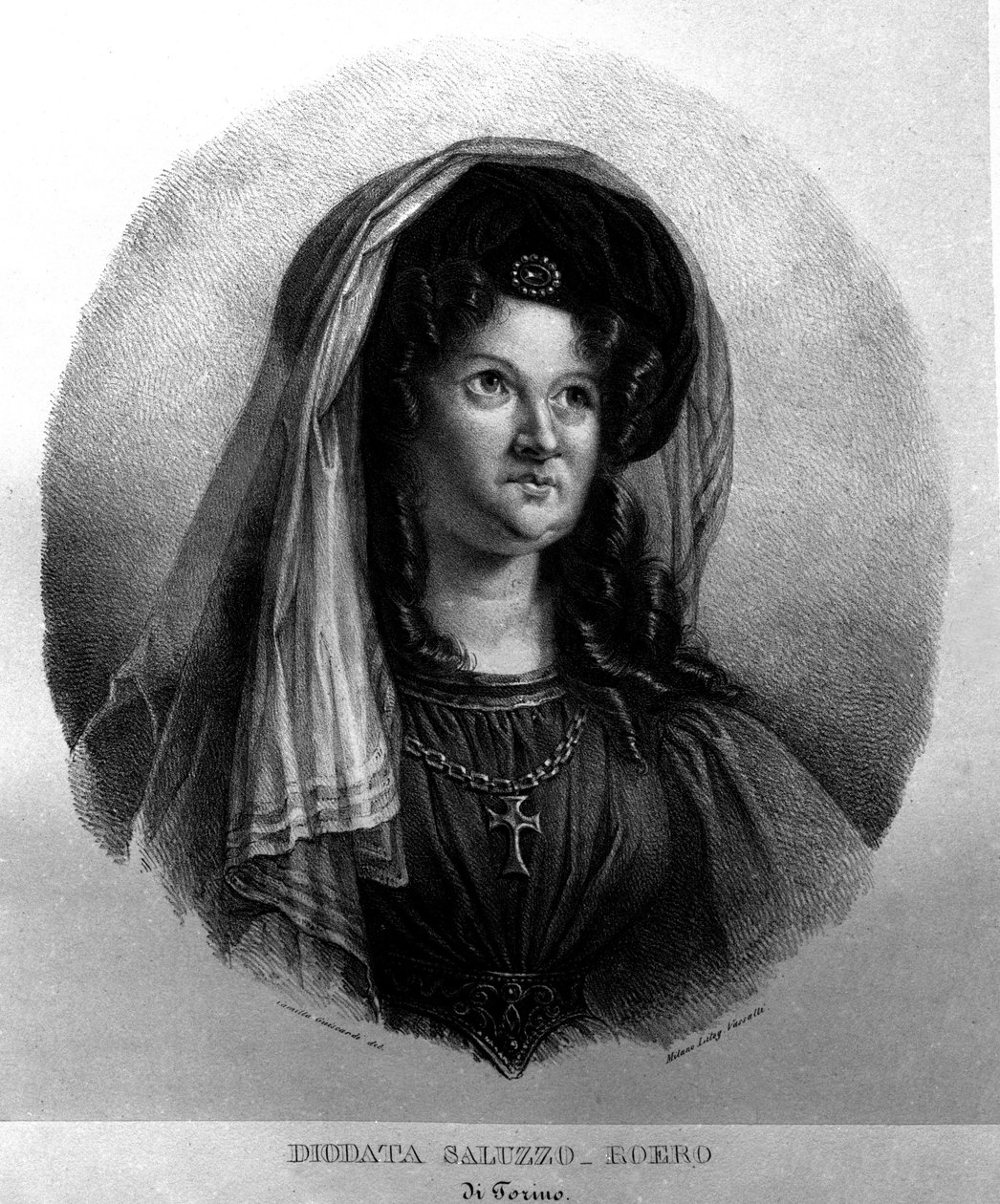 Muotokuva runoilijanaisesta Diodata Saluzzo-Roero (Saluzzo Roero) (1775-1840). Camilla Guiscardin litografia tekijältä Camilla Guiscardi