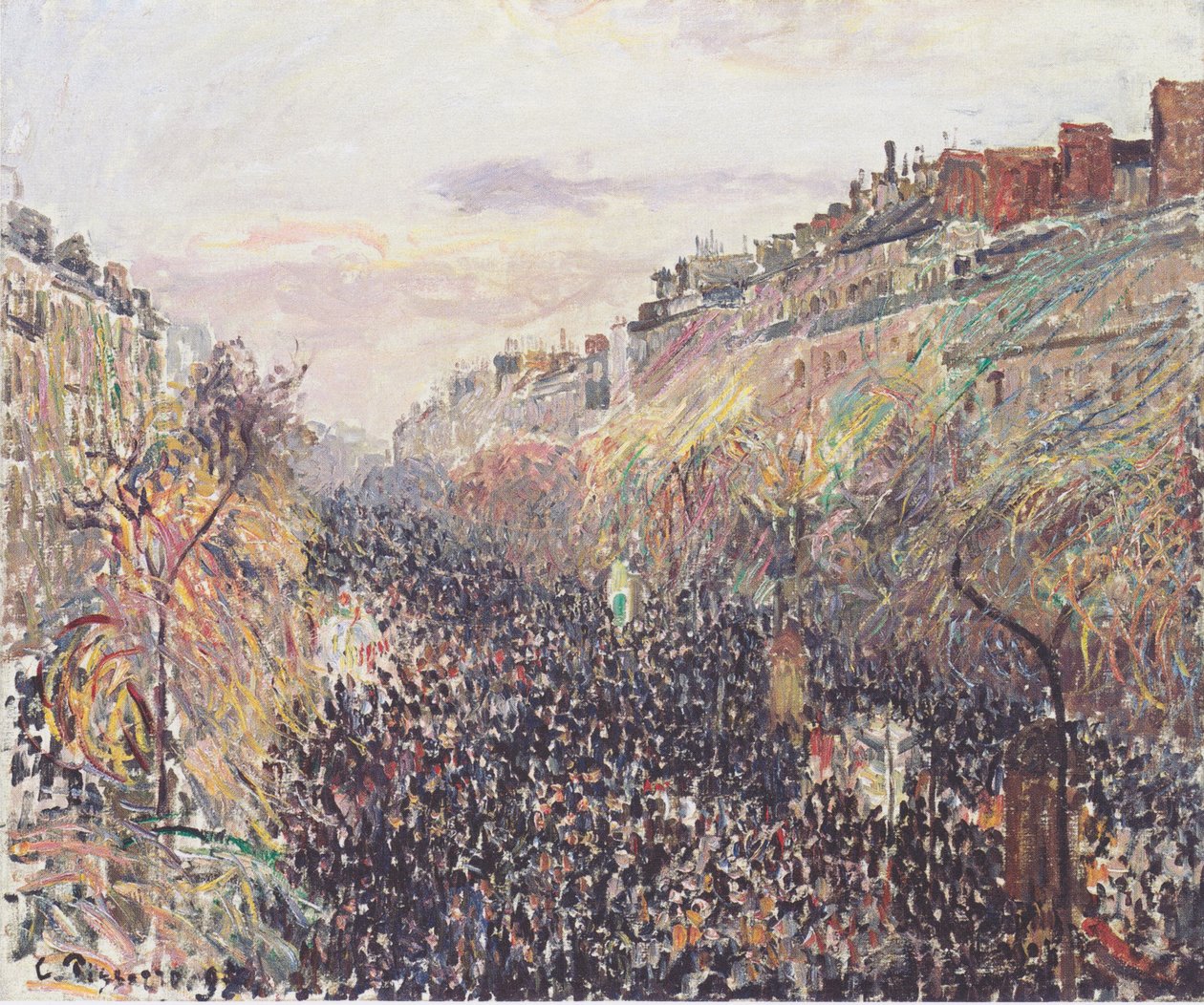 Boulevard Montmartre, pitkäperjantai, auringonlaskun aikaan tekijältä Camille Jacob Pissarro