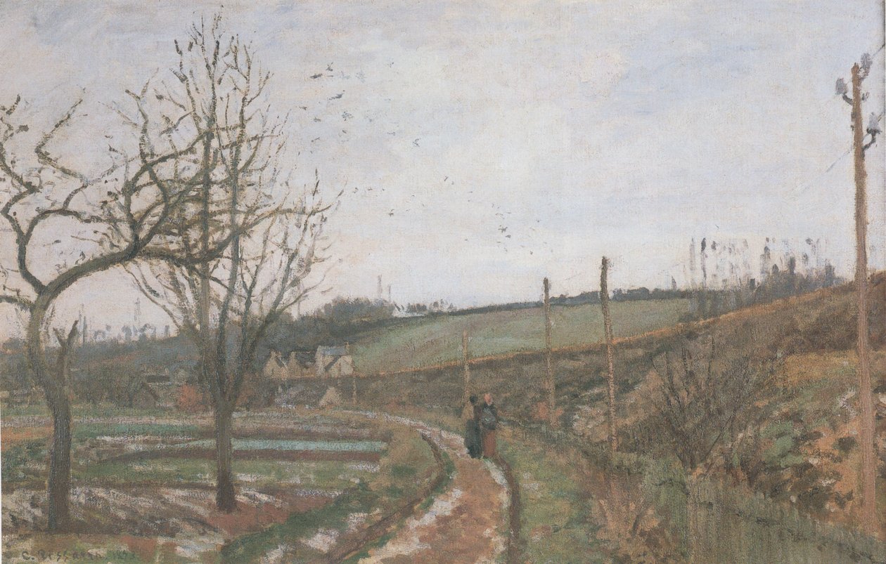 La Route au bord du chemin de fer effet de neige tekijältä Camille Jacob Pissarro