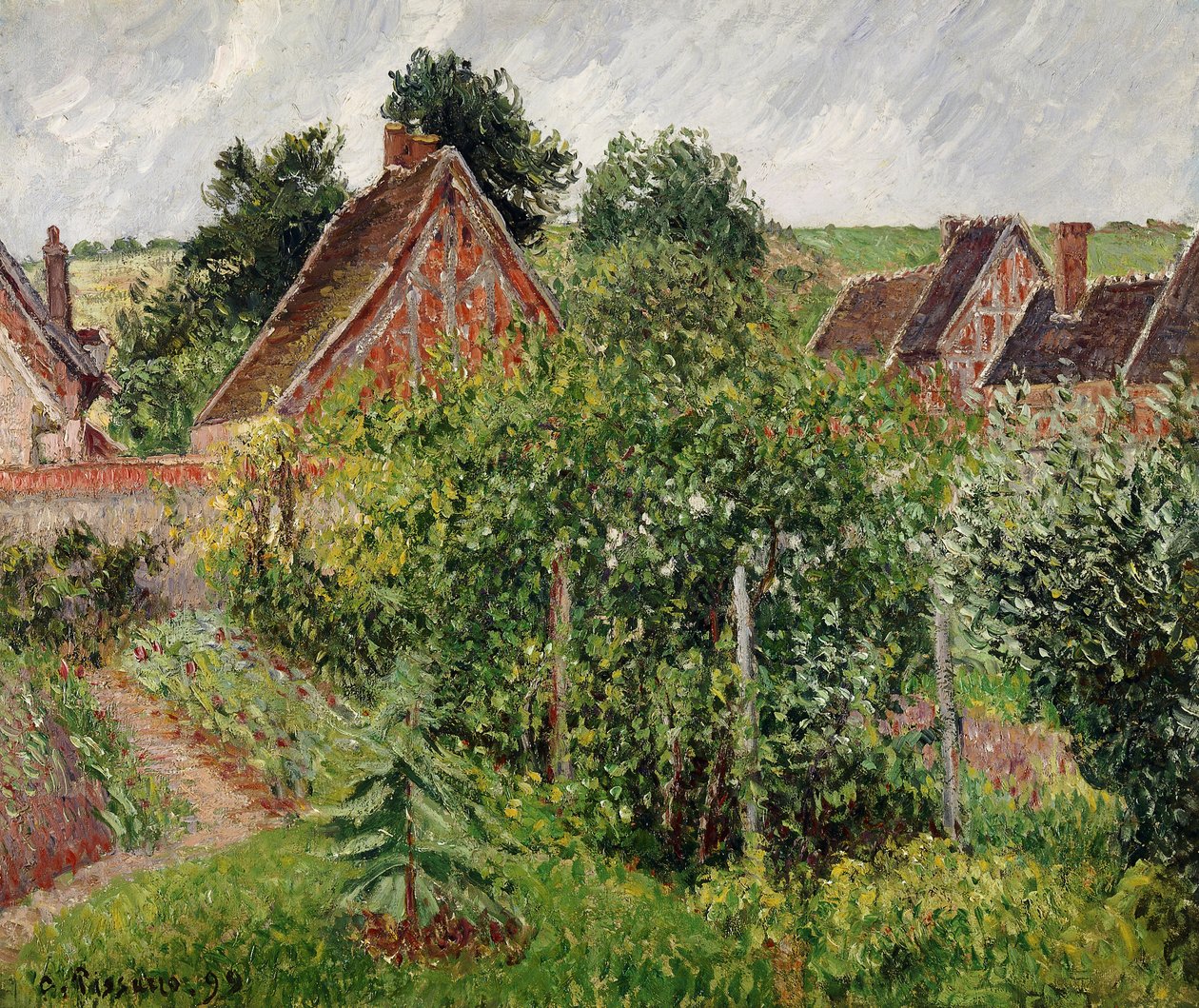 Maisema mökin katoilla, 1899 tekijältä Camille Jacob Pissarro