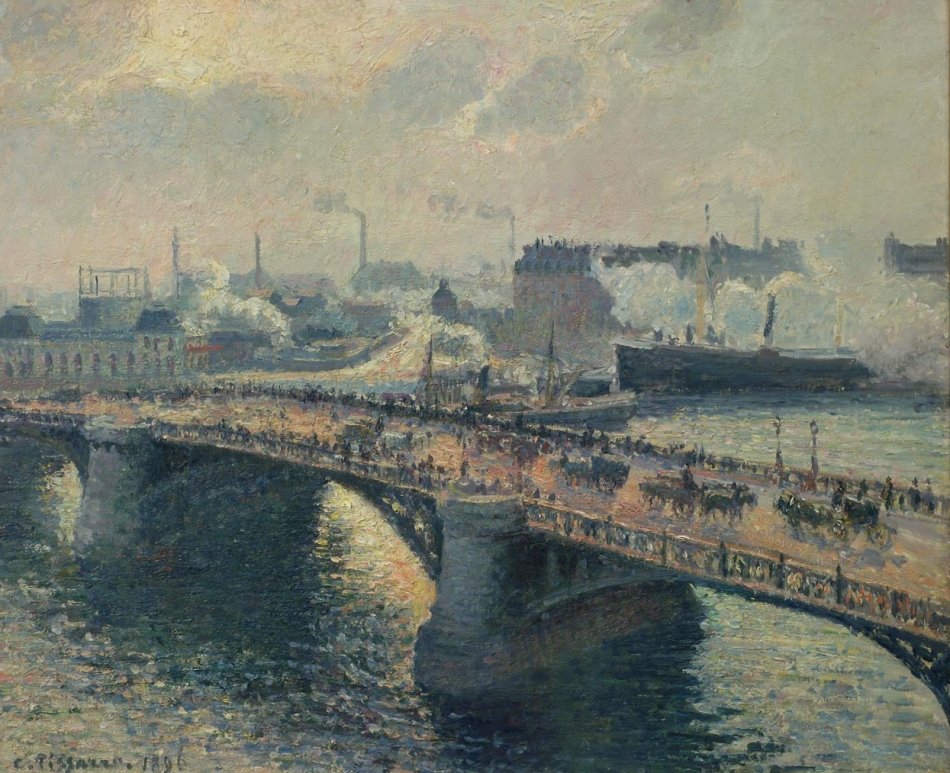 Le Pont Boieldieu à Rouen, pohjallinen couchant, lämpötila brumeux tekijältä Camille Jacob Pissarro