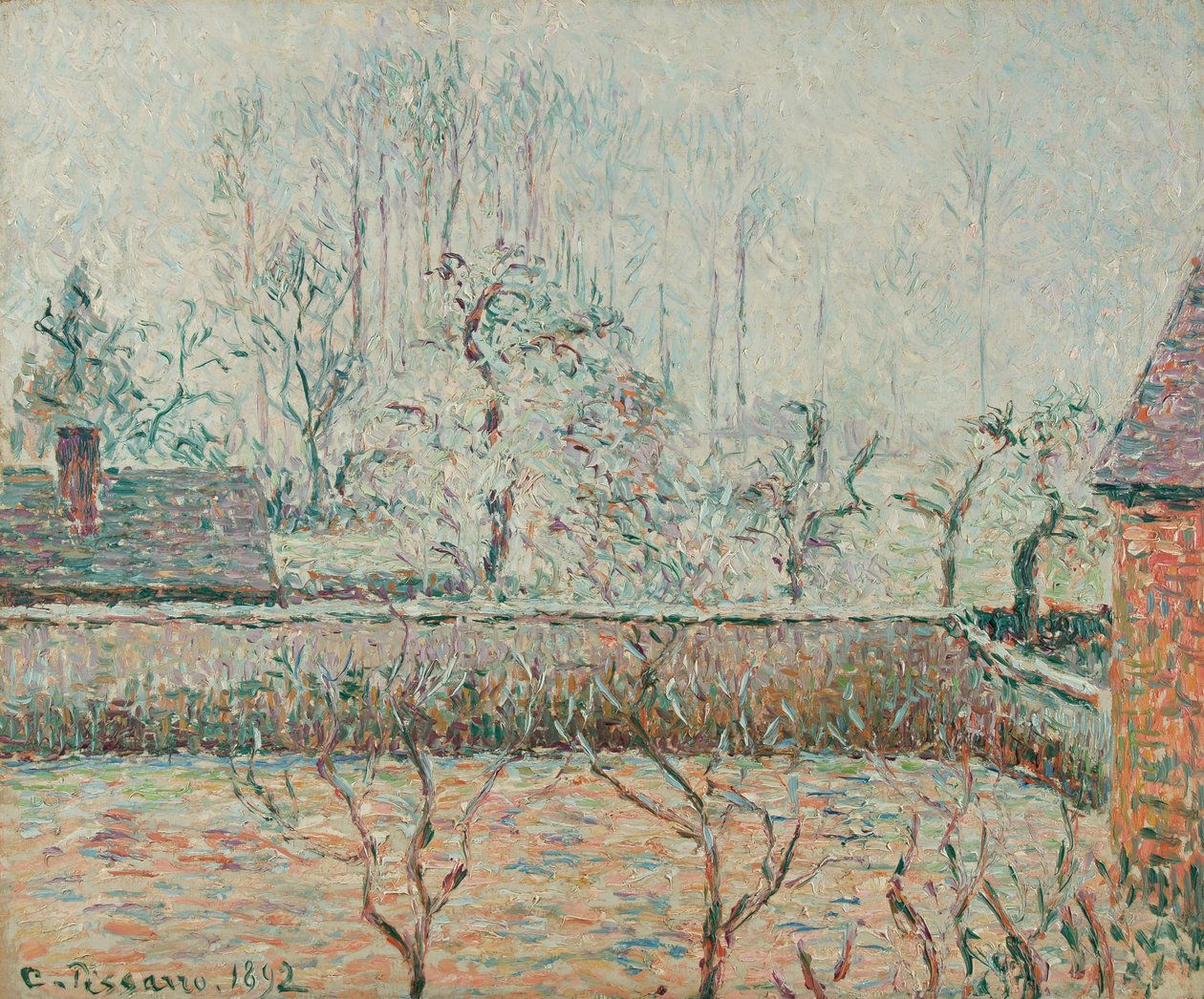 Paysage avec maisons et mur de clôture, givre et brume (1892) tekijältä Camille Jacob Pissarro