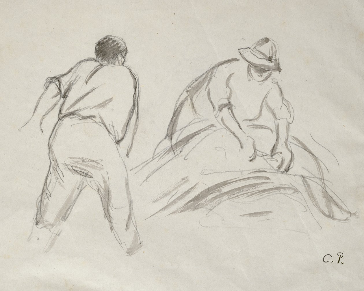 Uros- ja naarasharvesteritutkimukset (harmaa pesu kynällä paperilla) tekijältä Camille Jacob Pissarro