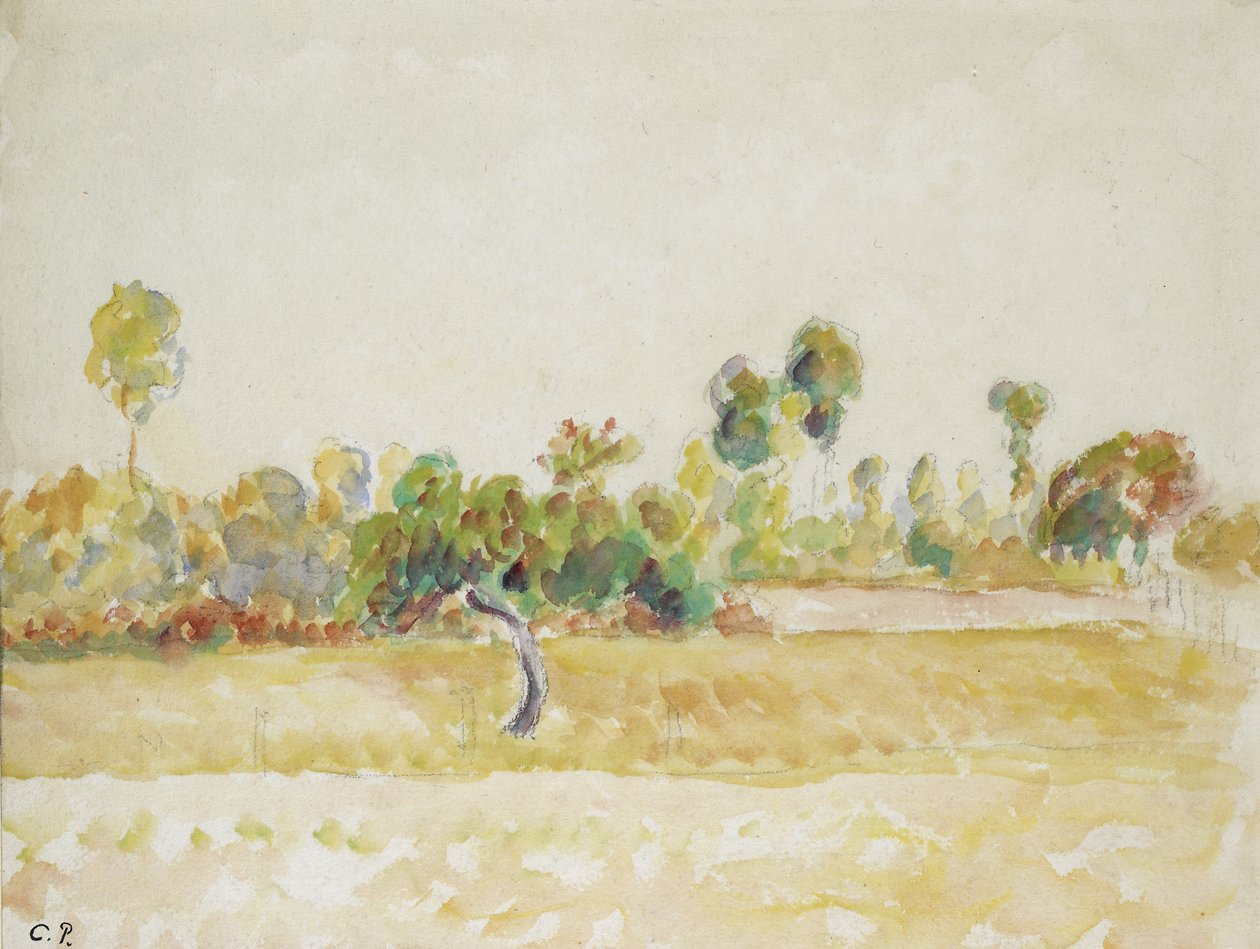 Tutkimus Eragny-sur-Epten hedelmätarhasta nähtynä taiteilijan talosta, n. 1886 - 1890 (akvarelli mustalla liidulla) tekijältä Camille Jacob Pissarro
